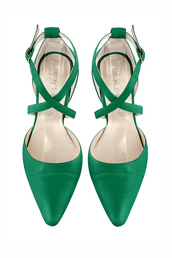 Emerald green women's open side shoes, with crossed straps. Tapered toe. Medium comma heels. Top view - Florence KOOIJMAN